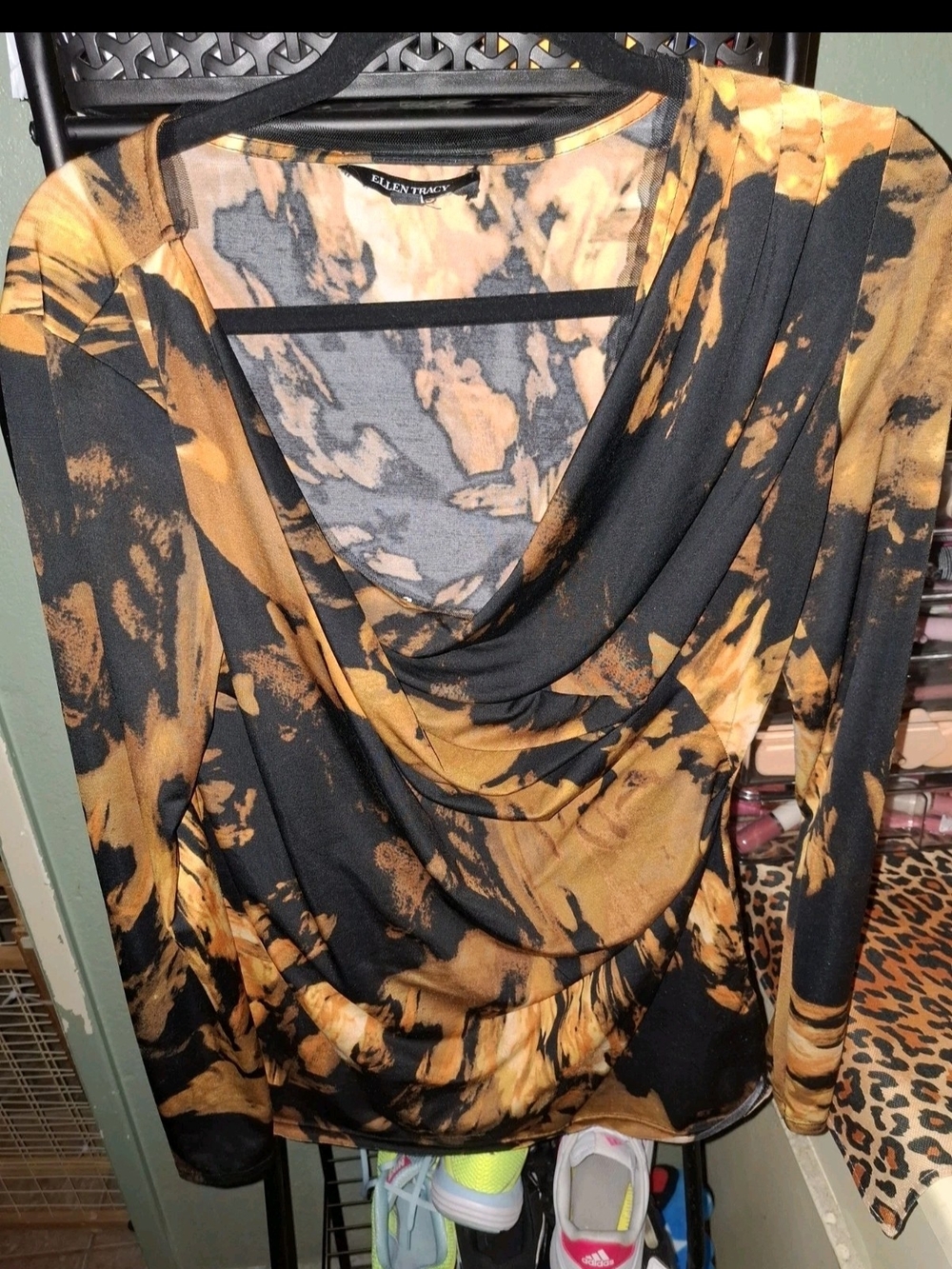 Ellen Tracy Black and Gold Abstract Cowl Neck Long Sleeve Top